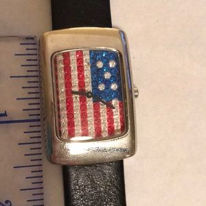 Fossil watch - flag crystals, blk leather band.